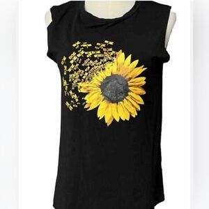 Black Sleeveless Top with Sunflower Design